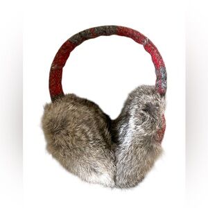 Vtg Harrys tweed Real Fur  winter Earmuffs with Red and Gray Band Scotland wool
